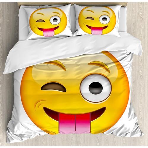 Emoji Parure De Lit Avec Housse De Couette Et Taies D'oreiller, Motif Dessin Animé Comme Un Sourire Technologique, Un Visage Heureux Sarcastique Avec Langue, Imprimé Moderne, Par