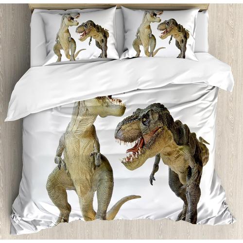 Parure De Lit Dinosaure, Paire De Tyrannosaures Rex Face À Des Créatures Féroces Prédateurs Préhistoriques, Parure De Lit Décorative Adc Avec Taies D'oreiller, King Size, Marron