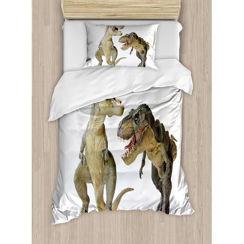 Parure De Lit Dinosaure, Paire De Tyrannosaures Rex Face À Des Créatures Féroces Prédateurs Préhistoriques, Parure De Lit Décorative Pièces Avec Taie D'oreiller, Taille Double,