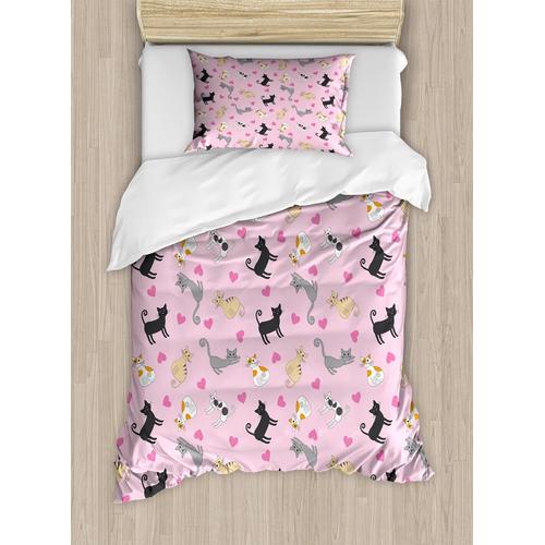 Parure De Lit Kitty Avec Housse De Couette, Chats Au Design Coloré Et Motifs Parmi Des C¿Urs Roses Reposant Heureux, Parure De Lit Décorative Pièces Avec Taie D'oreiller, Taill