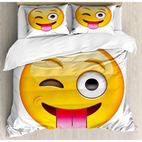 Parure De Lit Avec Housse De Couette Emoji, Dessin Animé Comme Souriant, Coquin, Sarcastique, Visage Heureux, Langue, Illustration Moderne, Parure De Lit Décorative Adc Avec Taie