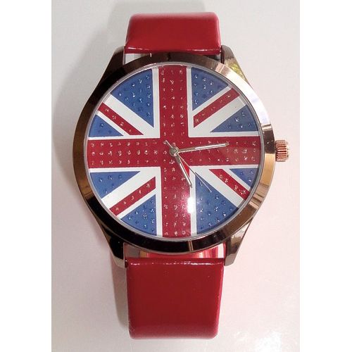 Montre Fashion - Drapeau Anglais / Britannique / Uk / Union Jack - Boitier Acier Chrome Rouge Ø 46 Mm -