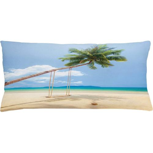 Housse De Coussin Océan, Photo D'une Île Tropicale Avec Des Cocotiers, Des Palmiers Et Une Balançoire Exotique, Taie D'oreiller Rectangulaire Décorative, "" X "", Bleu Crème Vert