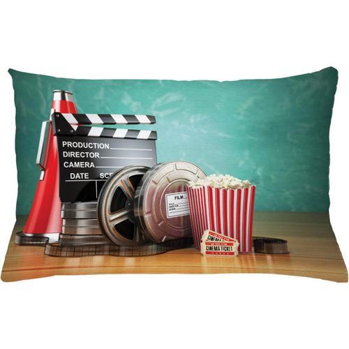 Housse De Coussin Pour Salle De Cinéma, Thème De Production 3d, Bobines De Film, Billets De Clap, Pop-Corn Et Mégaphone, Taie D'oreiller Rectangulaire Décorative, X , Cm, É