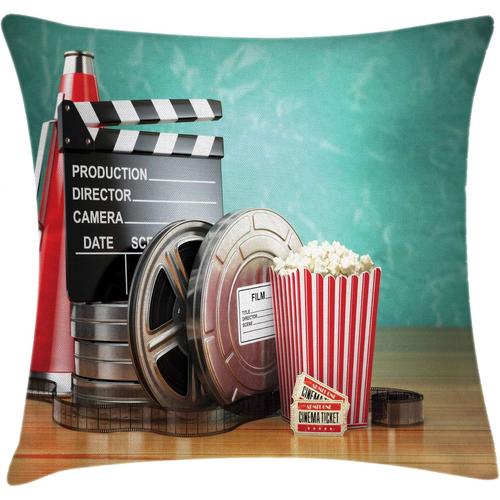 Housse De Coussin Pour Salle De Cinéma, Thème De Production 3d, Bobines De Film, Billets De Clap, Pop-Corn Et Mégaphone, Taie D'oreiller Décorative Carrée, X Cm, Écume De M