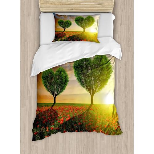 Parure De Lit Pour La Saint-Valentin, Champ De Coquelicots, Arbres En Forme De C¿Ur, Coucher De Soleil, Ciel Nuageux, Prairie Romantique Rurale, Ensemble De Literie Décoratif Piè