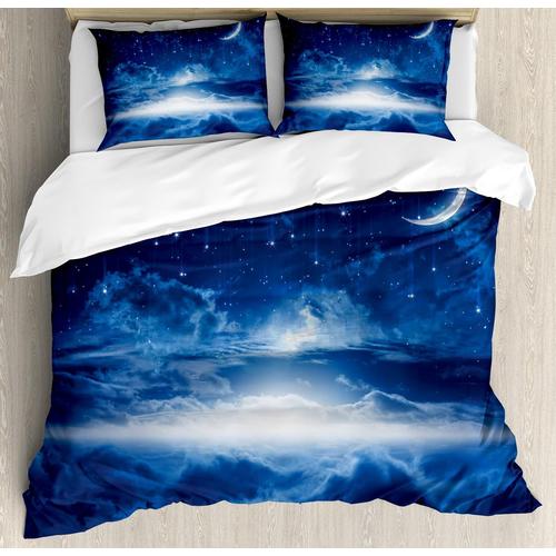 Parure De Lit Night, Heavenly Majestic Galaxy View Falling Stars Celestial Cosmos, Parure De Lit Décorative Adc Avec Taies D'oreiller, Taille Queen, Bleu Marine, Blanc, Indigo