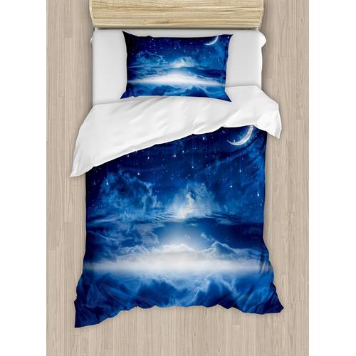 Parure De Lit Night, Heavenly Majestic Galaxy View Falling Stars Celestial Cosmos, Parure De Lit Décorative Pièces Avec Taie D'oreiller, Taille Double, Bleu Marine, Blanc, Indi