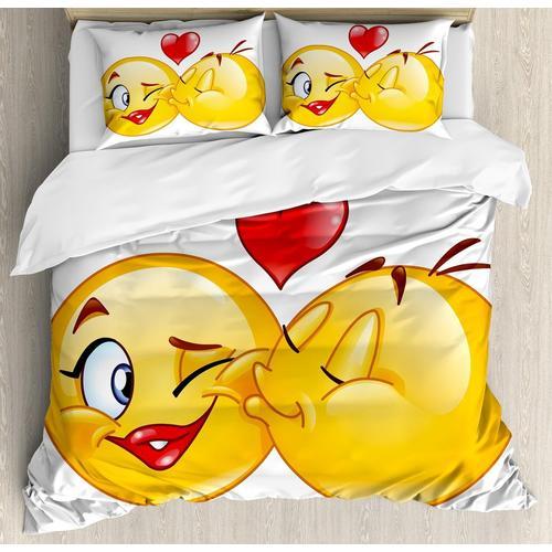 Emoji Parure De Lit Avec Housse De Couette Et Taies D'oreiller, Romantique, Coquin, Amoureux, Visages Souriants, Couple S'embrassant, C¿Urs, Image Artistique Imprimée, Parure De