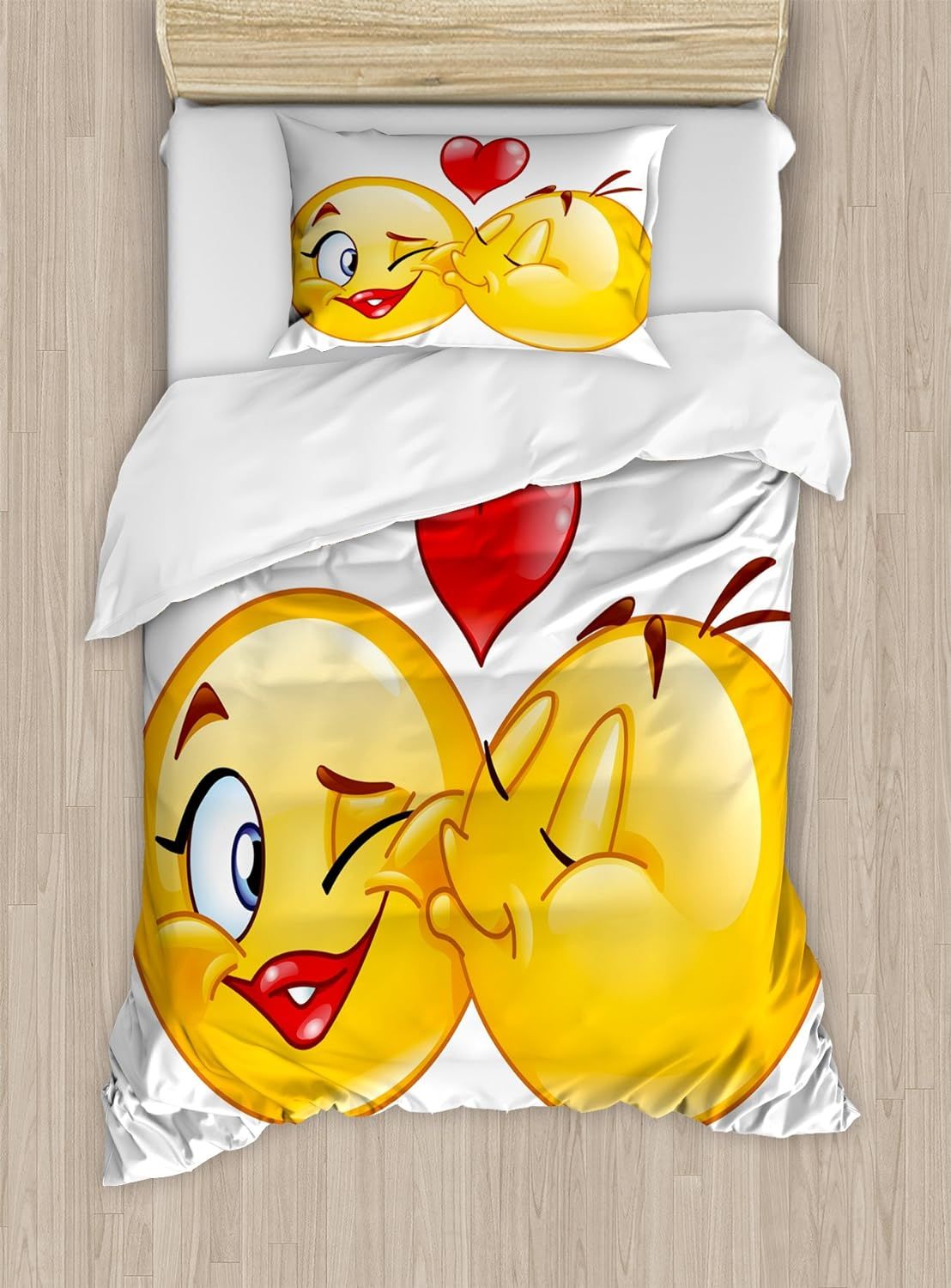 Emoji Parure De Lit Pièces Avec Housse De Couette Et Taie D'oreiller, Romantique, Affectueux, Visages Souriants, Couple S'embrassant, C¿Urs, Image Artistique, Jaune Et Rouge