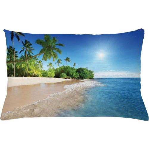 Housse De Coussin Tropic, Palmiers Tropicaux Océan Sur Scène De Plage De Sunny Island, Image Panoramique, Taie D'oreiller Rectangulaire Décorative, "" X "", Vert Bleu