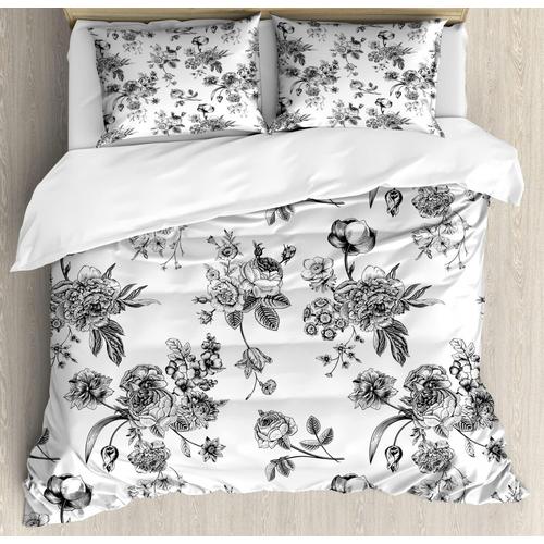 Parure De Lit Noire Et Blanche, Motif Floral Vintage Victorien Classique Inspiré Du Nouvel Art Moderne, Parure De Lit Avec Housses De Couette Et Taies D'oreiller, Lot De King