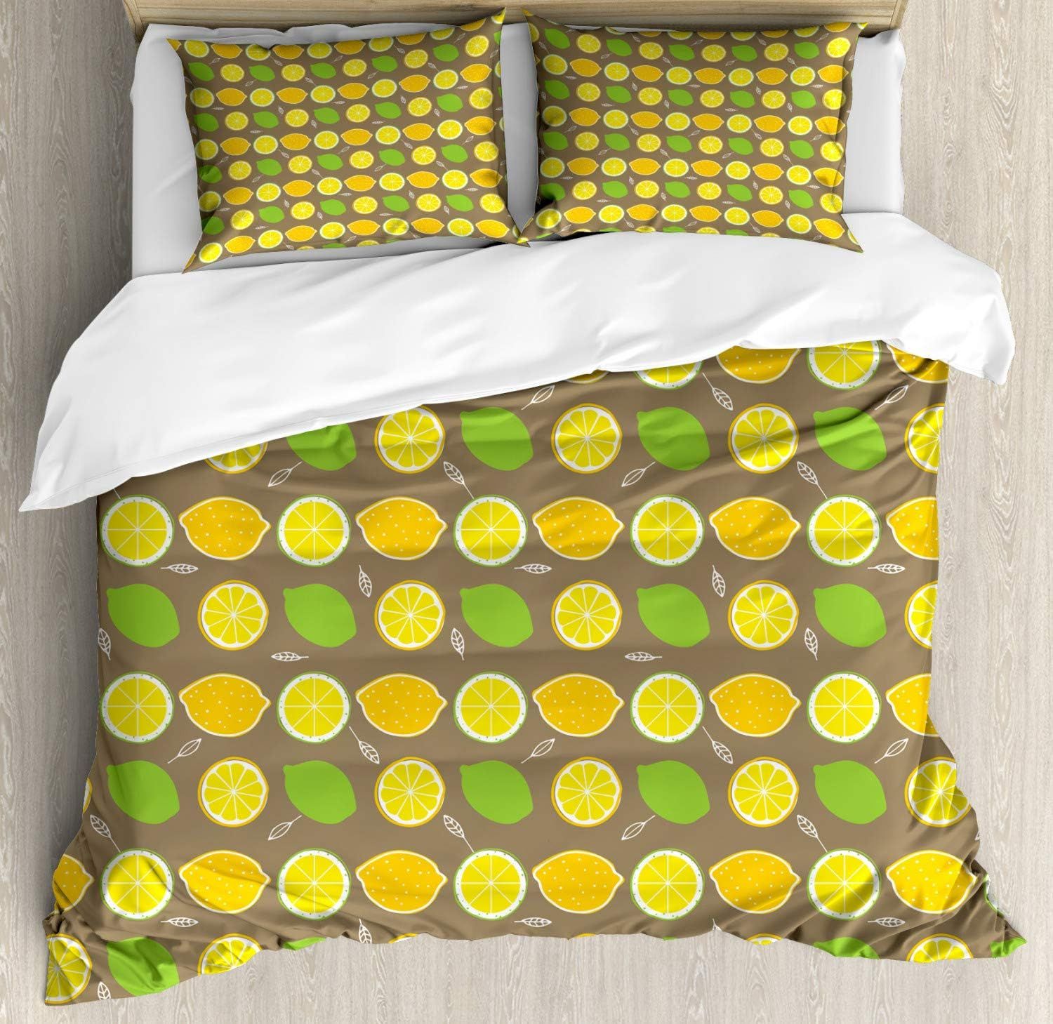 Parure De Lit Motif Citrons, Couleurs Vives De Citrons Verts Et Citrons Sur Fond Taupe, Parure De Lit Décorative Adc Avec Taies D'oreiller, California King, Vert Pomme Jaune