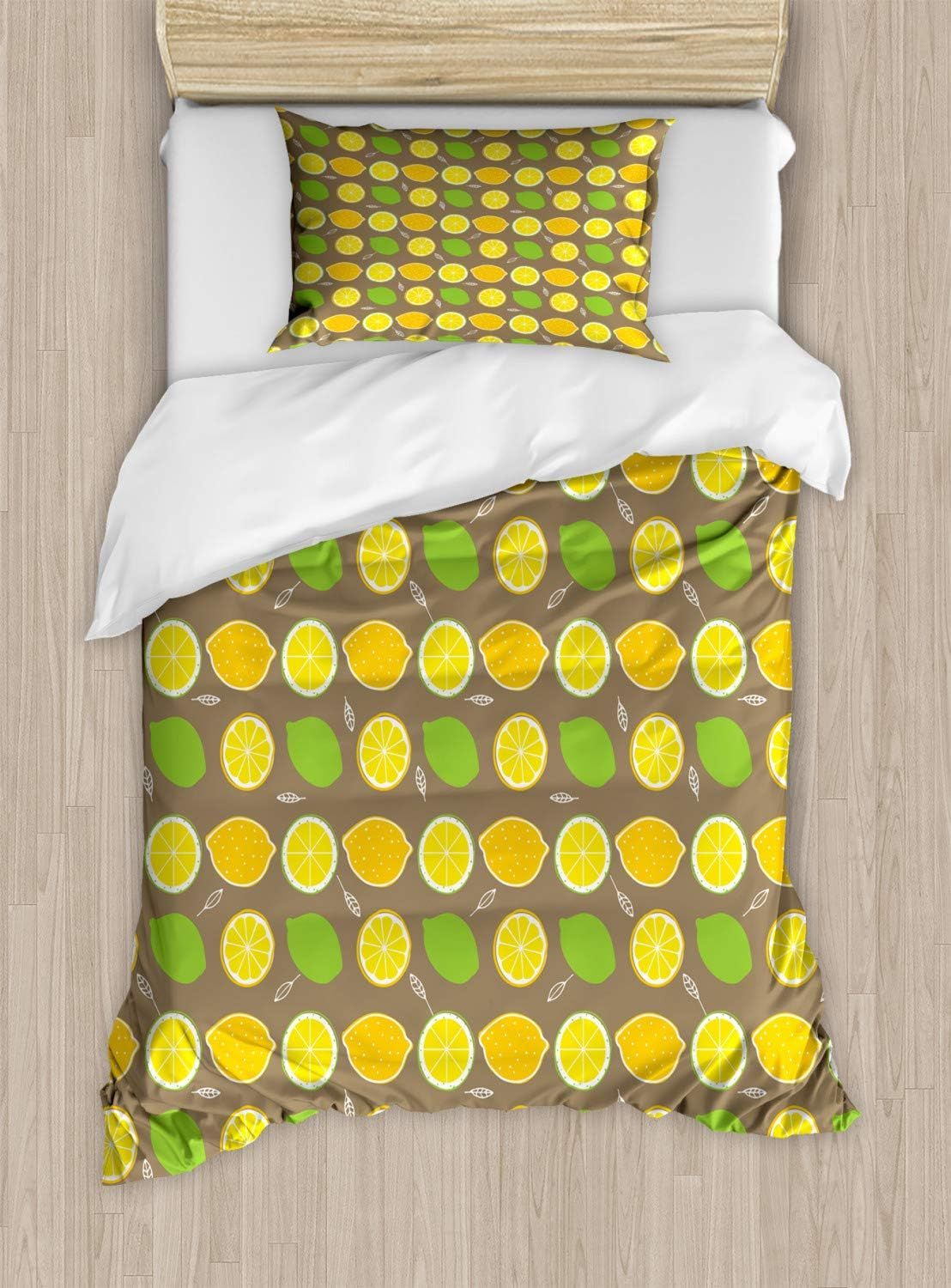 Parure De Lit Motif Citrons, Couleurs Vives De Citrons Verts Et Citrons Sur Fond Taupe, Parure De Lit Décorative Pièces Avec Taie D'oreiller, Taille Double, Vert Pomme Jaune