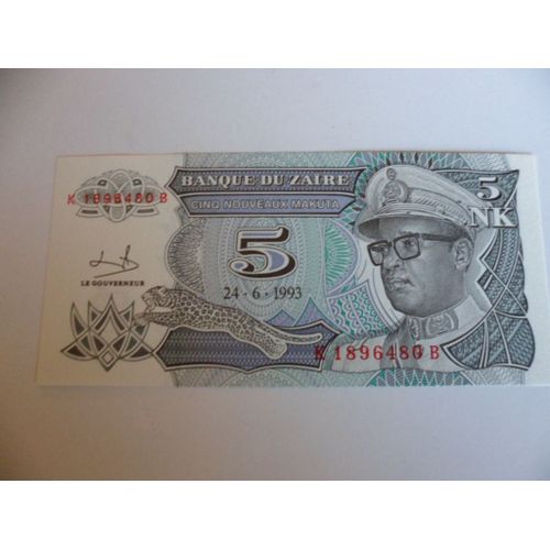 Zaire 5 Makuta 1993  Unc / Neuf !!