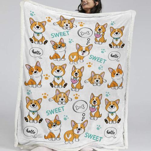 Couverture Sherpa En Peluche Motif Chiens De Dessin Animé Pour Canapé, Couvre-Lit Orange Welsh Corgi Pour Enfants, Adolescents, Filles Et Garçons, Couverture De Literie En Polaire