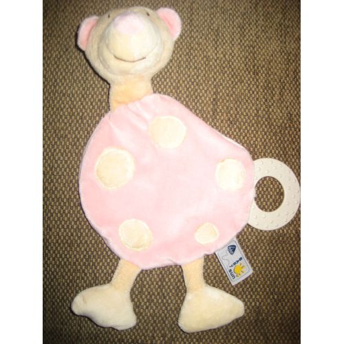 Ours Doudou Plat Rond Anneau De Dentition Rose À Pois Beige Babysun
