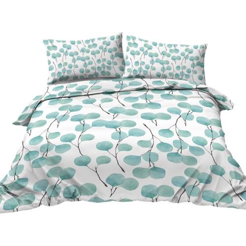 Parure De Lit Avec Housse De Couette Et Feuilles D'eucalyptus - Queen - Bleu - Aquarelle - Verdure - Thème Naturel - Couvre-Lit Pour Filles Et Femmes (Pièce Aa-D)