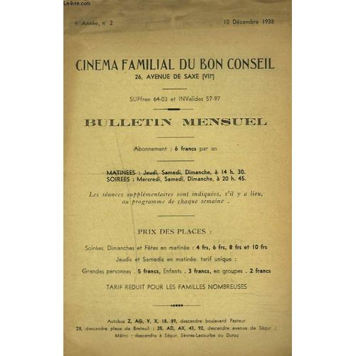 Cinema Familial Du Bon Conseil, Bulletin Mensuel N°2, 10 Decembre 1938. Double Crime Sur La Ligne Maginot De Felix Gandera/ Quand L'alouette Chante, Film Musical/ Soeurs D'armes De Leon ...