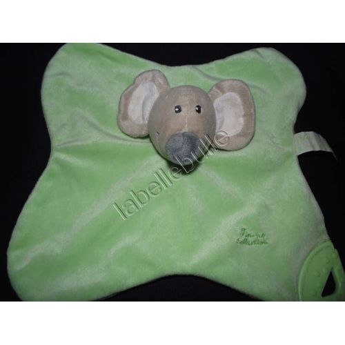 Doudou Plat Carré Souris  Verte  Tiamo Collection  Anneau De Dentition Vert Marron Clair