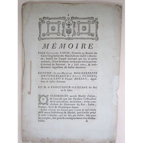 Mémoire Pour Guillaume Lafon, Commis Au Bureau Du Contrôle Général Des Manufactures Établi À Bayonne, Intimé Sur L'appel Interjeté Par Les Ci-Après N