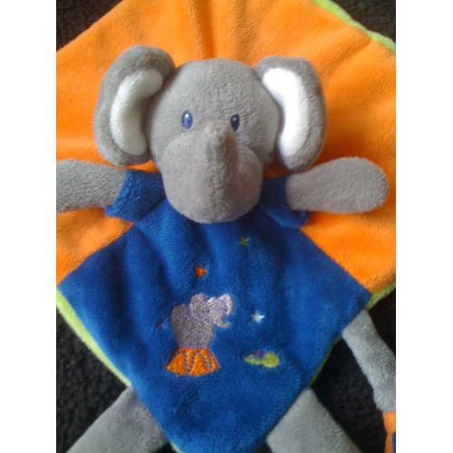 Doudou Nicotoy, Kitchoun, Kiabi, Plat, Éléphant, Brodé Cirque, Souris, Étoiles, Orange, Vert, Bleu, Gris