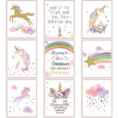 9 Pi¿¿ces Tableau Licorne Poster Licorne Chambre Fille Cadre Licorne Poster Cheval Affiche Ado Enfant 10 Ans Junique Impressions d'Art Mural Arc-en-Ciel Licorne Poster Aquarelle pour D¿¿corations