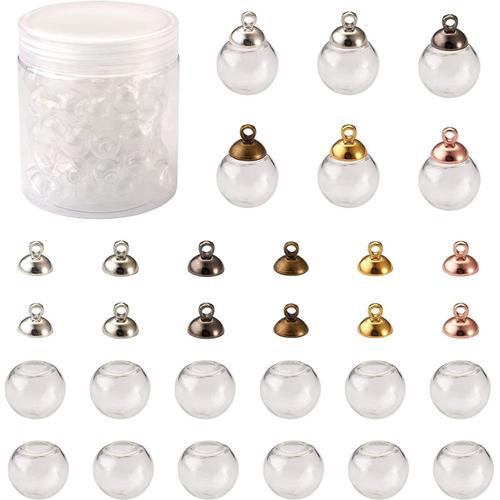 Lot de 120 mini pendentifs en forme de boule en verre transparent avec bouchons pour la fabrication de bijoux et boucles d'oreilles (8 mm/14 mm)