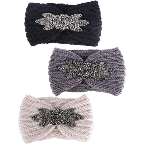 3pcs Bandeau Cheveux Femme Fille Tricot¿¿ Laine Tress¿¿ avec Cristal Couvre Oreille Headband Serre T¿¿te Headwrap Tricot Crochet Hiver Chaud Accessoire (Noir+Gris+Beige)