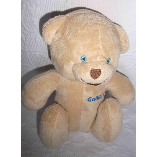 Doudou Ours En Peluche Gallia 2 Yeux Bleus Brodés 20 Cm Marron Beige