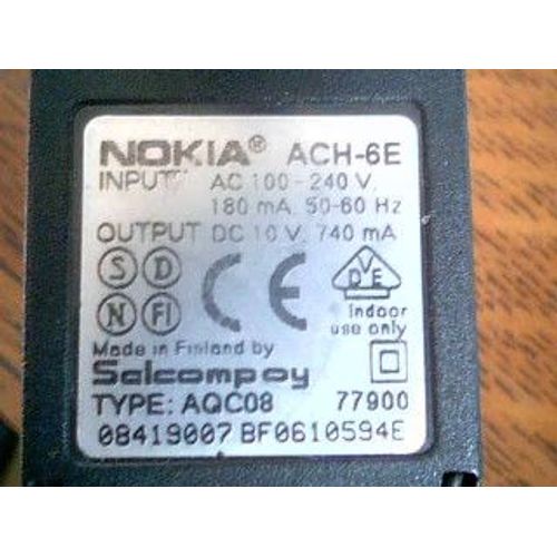 Chargeur Nokia 9v - 265ma - 2.38va - Modèle Ach-8e