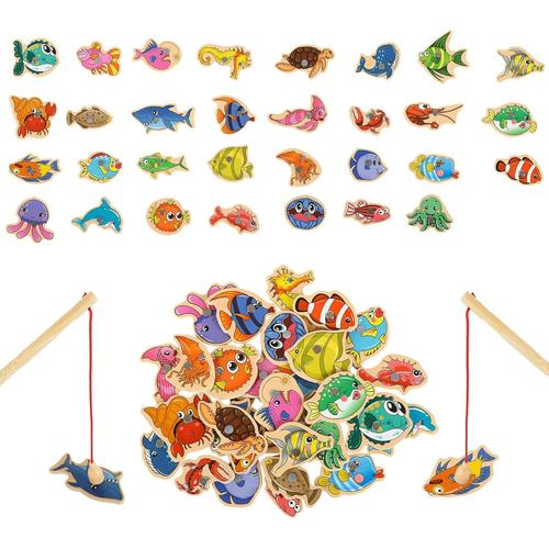 Jeu De P¿¿Che Magn¿¿Tique, 33 Pcs Jouets ¿¿Ducatifs De Poisson En Bois Avec Des Cannes ¿¿ Poisson Jouet De P¿¿Che Magn¿¿Tique Ocean Animal Jouets D'apprentissage Pr¿¿Scolaire Pour Les Tout-Petits