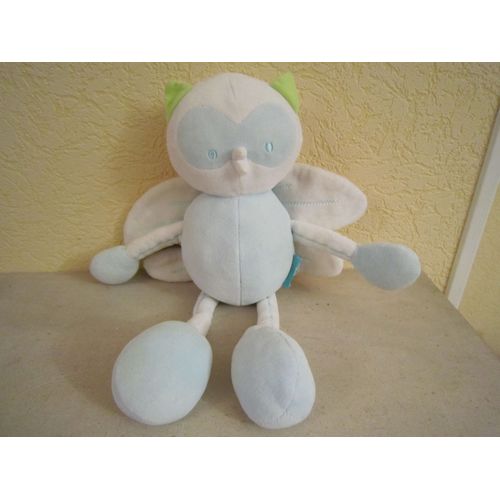 Doudou Peluche Marese Oiseau Hibou Chouette Bleu Blanc Vert Ailes Blanches