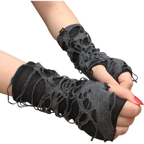 Gants extensibles demi-doigts, 1 paire de gants noirs unisexes gothiques fendus cass¿¿s Gants d'Halloween Manchette sans doigts Trou de sport Cool Women Mendiant Gants de trou noir