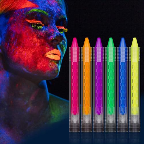 Crayons de Peinture Lumineux pour Visage Corps, 6 Crayons de Peinture Fluo Fluorescents UV Pour Enfants et Adultes, Festival, Anniversaire, Halloween, Maquillage Cosplay