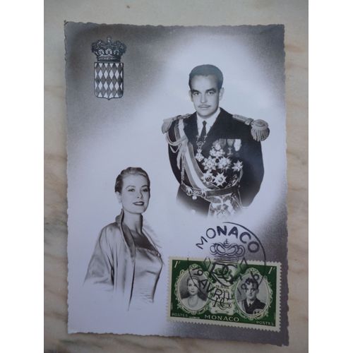 Carte Noir Et Blanc De Rainier Et Grace De Monaco Avec Timbre Oblitéré Du Jour De Leur Mariage :19 Avril 1956.