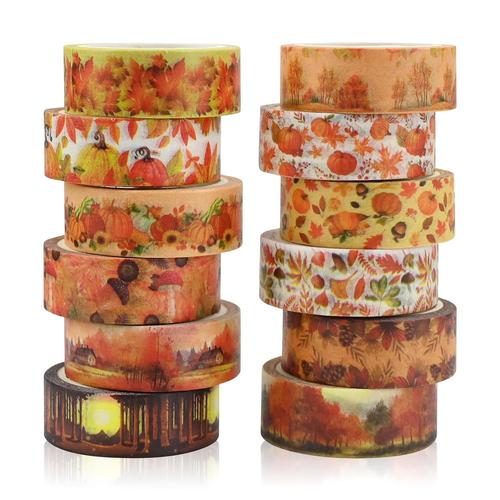 12 Rouleaux Thanksgiving Washi Tape Set Automne Masking Tape Pumpkin Maple Feuilles Multi-Pattern Decorative Washi Tape Orange Japanese Autoproclatum Paper Asth¿¿tique Ruban pour Albums de Bricolage