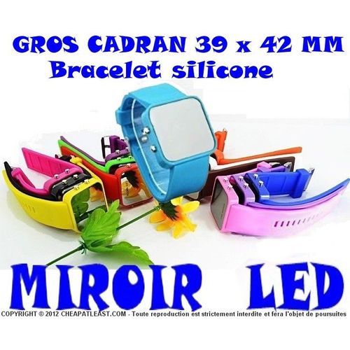 Montre Adulte/Ado, Tendance, Cadran Miroir À Led (39 X 42 Mm) - Bracelet Silicone - Couleurs Fashion Ice Aux Choix