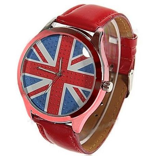 Montre Fashion - Drapeau Anglais / Britannique / Uk / Union Jack - Boitier Acier Chromé Ø 48 Mm - Bracelet Cuir Rouge -