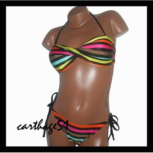 Maillot De Bain Femme Bikini Deux 2 Pièces Bandeau Rayures Multicolores - S 36 M 38 L 40 Xl 42 Maillots Bains