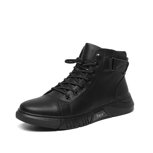 Men Black Leather Boots¿Bottes Martin En Cuir Pour Hommes, Chaussures Britanniques En Velours, Montantes Et Chaudes, Décontractées, Nouvelle Collection De Printemps - Black Pu¿ 40