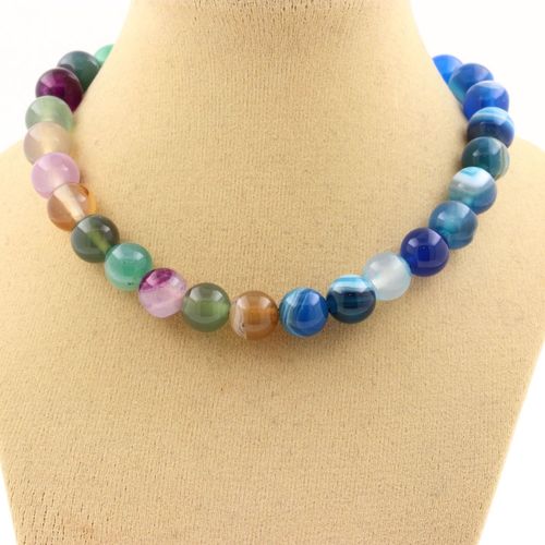 Collier Perles Agate Rubanée Bleu + Agate Rubanée Multicolore 8 Mm. Collier Femmes, Hommes. Taille Personnalisable.