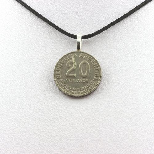 Collier Pièce De Monnaie Argentine 20 Centavos San Martín Cordon Noir.