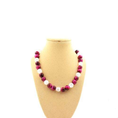 Collier Perles Quartz Craquelé Du Brésil + Oeil De Tigre Fuschia 8 Mm. Collier Femmes, Hommes. Taille Personnalisable.