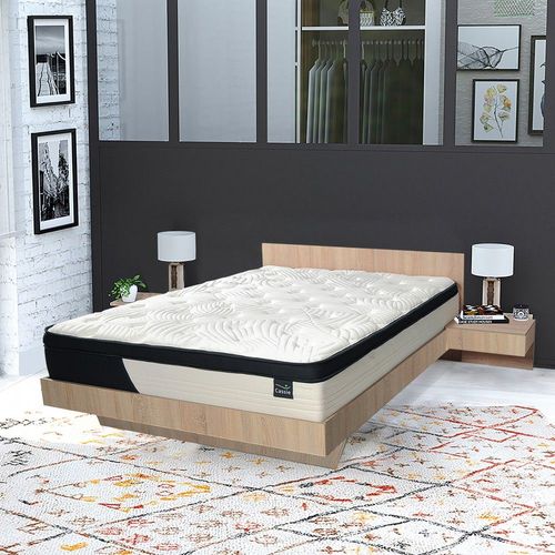 Lit Cool 140x190 Cm + 2 Chevets + Sommier + Matelas Cassie / Chêne Blanchi/ 193x234x75 Cm