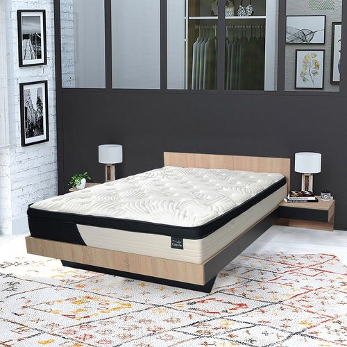 Lit Cool 140x190 Cm + 2 Chevets + Sommier + Matelas Cassie / Chêne Blanchi & Noir/ 193x234x75 Cm