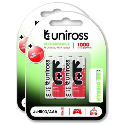 UNIROSS Lot de 2 Packs de 4 Piles Rechargeable AAA/HR03 1100 NIMH HYBRIO, 1.2V