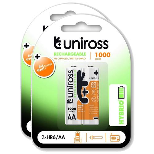 UNIROSS Lot de 2 Packs de 2 Piles Rechargeable AA/HR6 1000 NIMH HYBRIO, 1.2V