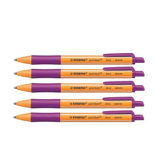 Stabilo Lot De 5 Stylos À Bille Rétractable Pointball Pointe Moyenne Lilas