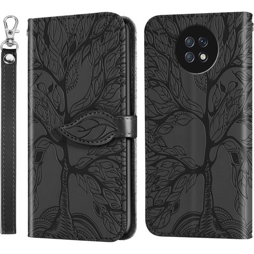 Coque Pour Xiaomi Redmi Note 9t, Folio Cuir Pu Magnetique Feuille Flip Case Portefeuille Telephone Etui Phone Cover Protection Housse Xiaomi Redmi Note 9t, Arbre De Vie Noir